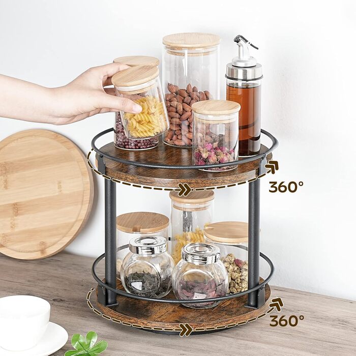 Підставка для спецій, 2-рівневий обертовий органайзер, комплект з 2 шт. , кругла обертова підставка для зберігання, компактний тримач для спецій з поворотним столом, для кухонної стільниці, обіднього столу, вінтажний коричневий та чорний XSR22L2BR 26 x 26