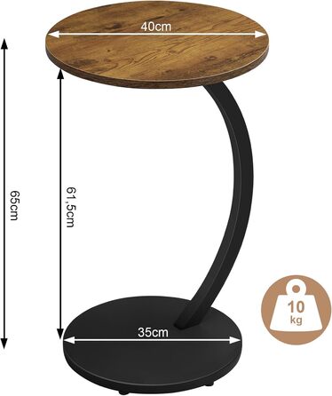 Журнальний столик WOLTU C-подібної форми, круглий журнальний столик, столик для дивана, маленький столик для дивана, ліжка, з металевим каркасом та стільницею з МДФ, індустріальний стиль, 40 x В 65 см, вінтажний вигляд дерева, BTS21hov