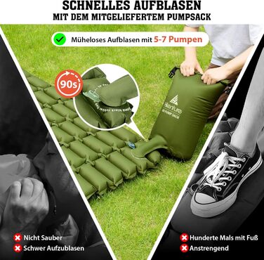 Килимок для кемпінгу HIKENTURE для 2 осіб, подвійний килимок для сну, надлегкий, надувний повітряний матрац, невеликий розмір упаковки з мішком-насосом, компактний килимок для сну, килимок для кемпінгу для активного відпочинку, походів, пляжу - зелений