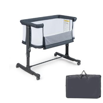 Ліжечко DREAMADE 2-в-1 Side-by-Side, дорожнє ліжечко з регульованою висотою на 5 рівнях з матрацом та колесами, колиска 86 x 63 см для дітей від народження до 9 кг, дитяче ліжечко з кутом нахилу 10 (модель 2 - темно-сірий)
