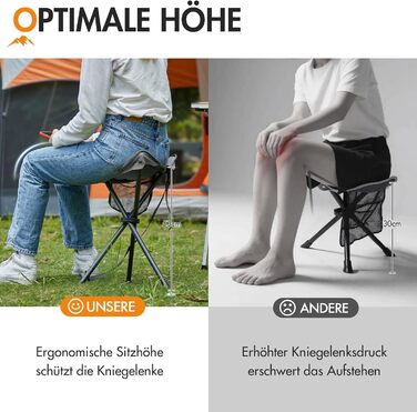 Складаний портативний стілець Portal, складаний з бічною кишенею, стілець-штатив, надлегкий портативний рибальський стілець, висота 53,3 см, вантажопідйомність 102 кг, кемпінговий стілець з бічною кишенею для риболовлі, кемпінгу, походів, чорний