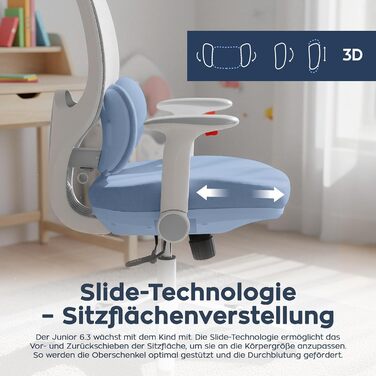 Ергономічне дитяче крісло, Стілець для роботи, Навчальне крісло, 3D поперекова підтримка, Регулювання сидіння, 2D підголівник, Регулювання висоти, Коліщатка з поліуретанової гуми, Для дітей зростом до 175 см, Сірий, 6.3