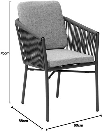 ВИВ. Штабельне крісло Огайо алюміній з чохлом із синтетичного волокна та мотузковим плетенням, атмосферне та штабельоване, включаючи подушки, антрацит 60 x 58 x 75 см