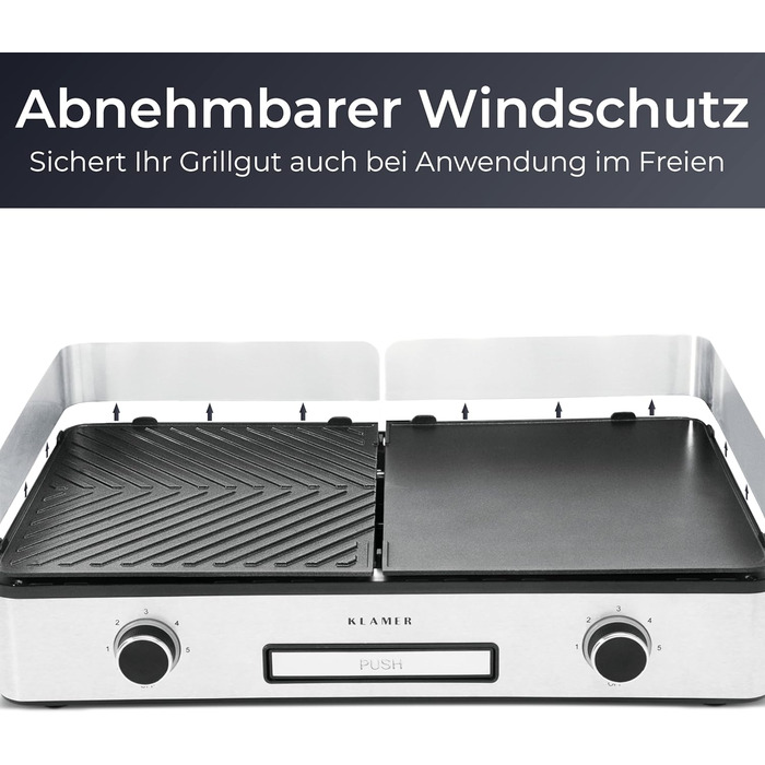 Електричний гриль KLAMER, подвійні пластини з антипригарним покриттям і знімними, роздільне налаштування температури, 5 рівнів гриля, із захистом від вітру/бризок і піддоном для крапель