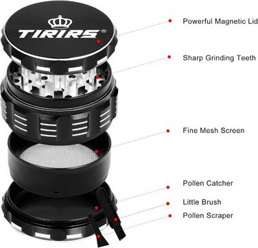 См, 4 шт. и, Premium Herb Grinder Алюмінієвий подрібнювач спецій зі скребком для пилку та щіткою для чищення Black Black 7,5 см, 7,5