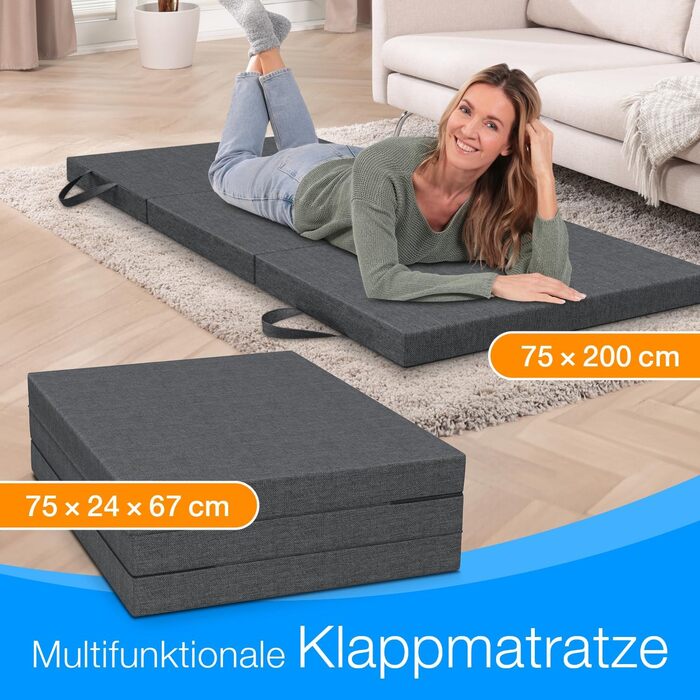 Розкладний матрац ELONEO 75x200 см, висота 8 см, розкладний гостьовий матрац, розкладний матрац, розкладний матрац, матрац з підтримкою спини, дорожній матрац, розкладне гостьове ліжко, розкладне ліжко, яке можна прати 75 x 200 x 8 см Антрацит