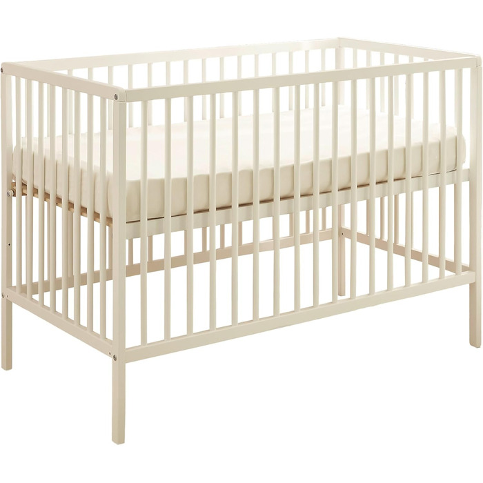 Дитяче ліжко Celia Safe 60x120 см з масиву бука білого кольору - Функціональне дитяче ліжечко з регульованою по висоті рейковою основою - 64 x 80 x 124 см (Ш/В/Г)