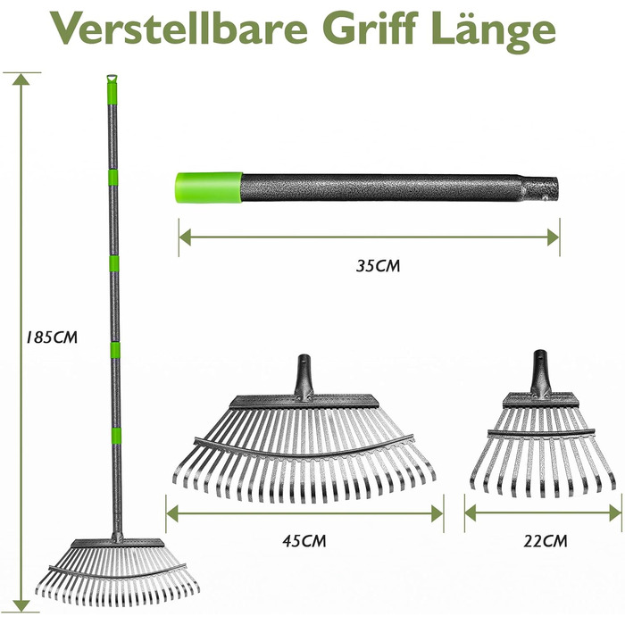 Садовий віяловий граблі Rechen Garten, 2511 зубців, металевий, з регульованою ручкою (70-185 см), для важкого листя, граблі для листя, трави та ґрунту, у комплекті з 2 парами рукавичок