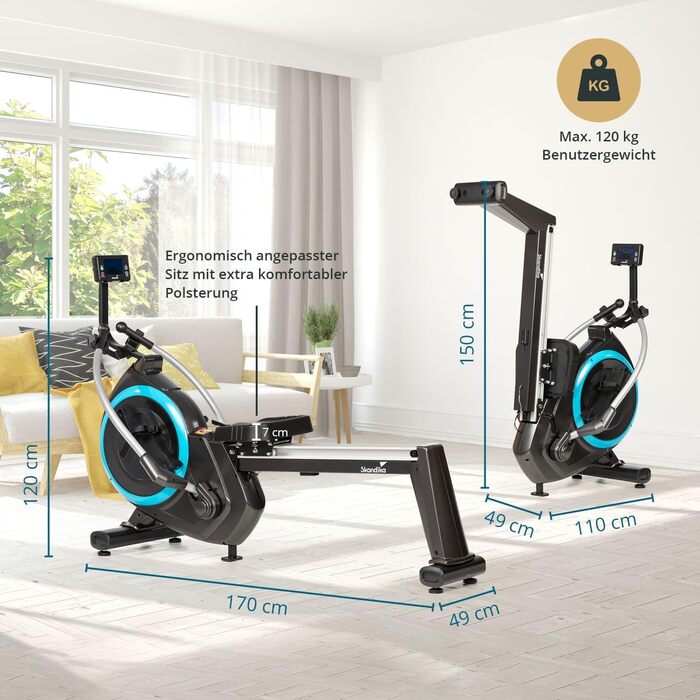 Домашній веслувальний тренажер Skandika Nordlys Автентичне відчуття веслування завдяки поворотним важелям на кулькових підшипниках, складаний, магнітний опір, 16 рівнів, 21 програма тренувань, Bluetooth, додаток Kinomap, веслувальний тренажер