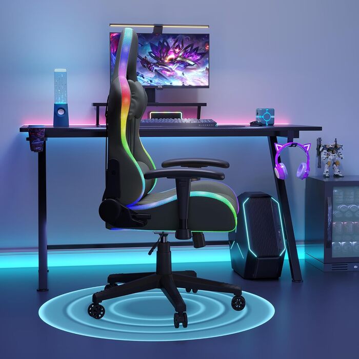 Ергономічне ігрове крісло для комп&39ютера з U-подібною подушкою для підтримки шиї, ігрове крісло зі світлодіодним підсвічуванням, функцією масажу попереку, регулювання висоти, сірий колір