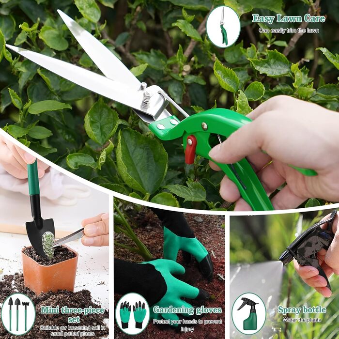 Набір садових інструментів Coolty, 13 предметів, з кейсом для зберігання ідеальний вибір для садівників (Зелений)