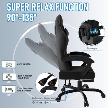 Ігрове крісло JUMMICO, тканинне з пружинною амортизацією, ергономічне офісне крісло з масажером. Ігрове крісло з підголівником, підставкою для ніг, регульована висота. Геймерське крісло, вантажопідйомність 150 кг, чорний колір