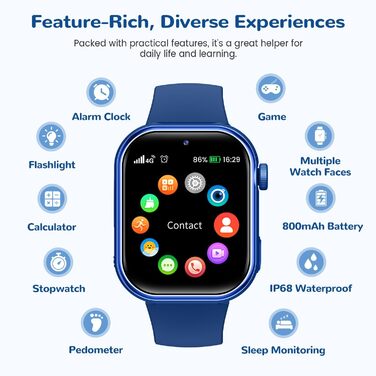 Дитячий смарт-годинник з GPS та телефоном, дитячий смарт-годинник IP68 з відеодзвінками, двома режимами, SOS, шкільним режимом, голосовим чатом, SMS, ліхтариком, крокоміром, будильником, дитячий годинник для дівчаток та хлопчиків, синій