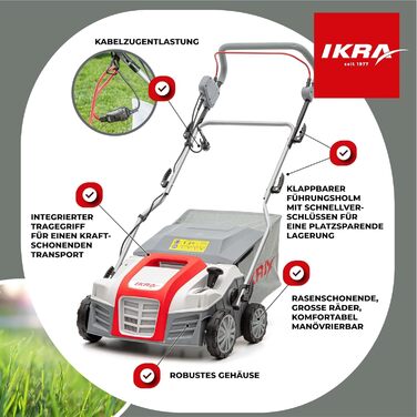 Вертикутер-Аератор газону IEVL 1840, мішок для збору трави 55л, ширина захвату 40см, 1800 Вт, з витягувачем бурянів у комплекті