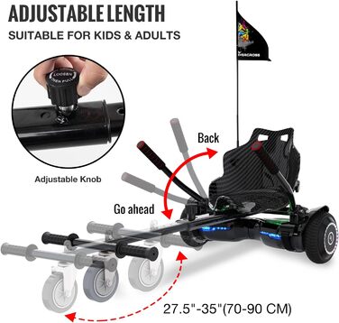 Гіроскутери EVERCROSS EV2 із сидінням – акумулятор 5,2 Аг, 15 км/год, музика через Bluetooth, 7-кольорове підсвічування педалей, вантажопідйомність 85 кг, з ховеркартом для дітей, підлітків та дорослих