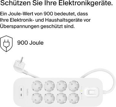 Розетковий подовжувач Belkin із захистом від перенапруги, настінний, 8 розеток, мережевий кабель 2 м, зелений індикатор, 2 порти U