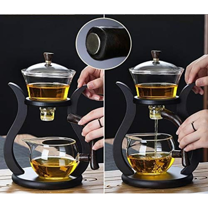 Набір для чаю Ледачий Кунг-Фу RORA зі скляним чайником, магнітним водопроводом, обертовою кришкою та напівавтоматичним механізмом, дерев'яний дизайн