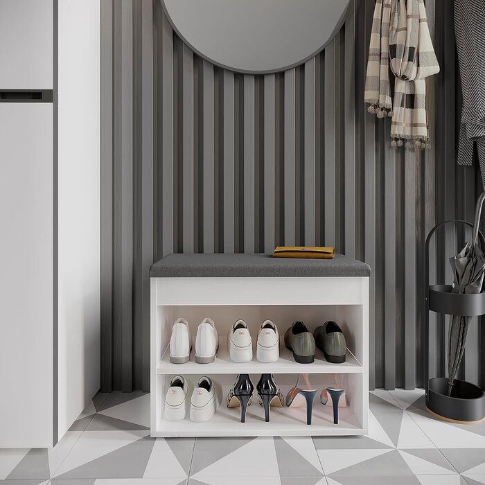 Лавка для взуття KOMTO з сидінням - Стелаж для взуття, лавка з місцем для зберігання, біла 60 x 48 x 32 см, Маленька шафка для взуття з лавкою, лавка для коридору, гардеробна лавка, Софія, біла Оббивка сіра 60 x 48 x 32 см
