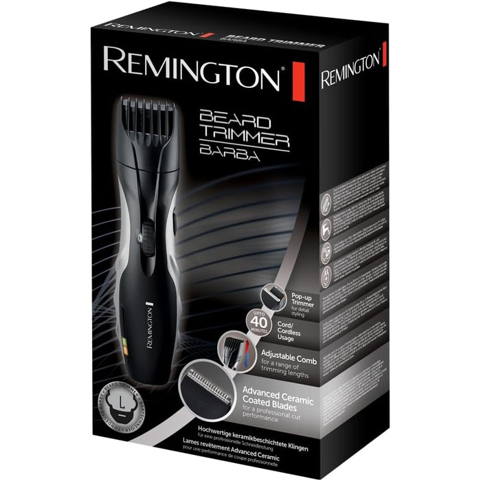 Тример для бороди Remington для чоловіків самозаточувальний. Керамічні леза/0,4-18 мм Набір тримера для бороди (колесо регулювання з 9 налаштуваннями довжини від 1,5 мм, робота від мережі/акумулятора, світлодіодний індикатор заряджання, тример для довгого