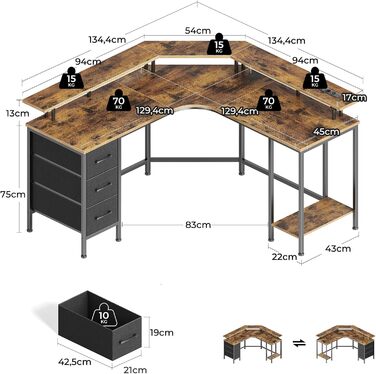 Г-подібний ігровий стіл на сім столів зі світлодіодним освітленням та розетками, кутовий стіл з 3 тканинними шухлядами та місцем для зберігання, комп&39ютерний стіл для домашнього офісу та ігор на ПК, рустикальний коричневий, 13513588 см, вінтажний коричн