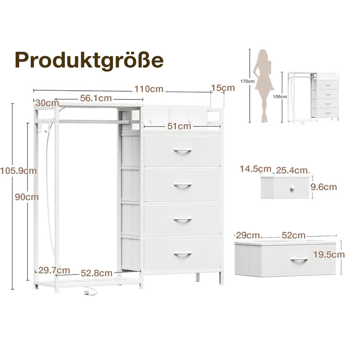 Комод Coleshome з вішалкою для одягу, світлодіодним освітленням та розеткою, двосторонній дизайн з 6 шухлядами, тканинний комод для спальні та вітальні, 110 x 30 x 106 см, білий