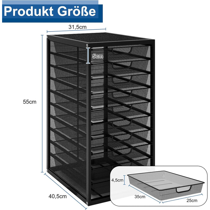 Коробка PUNCIA з шухлядами та 10 шухлядами, лоток для листів A4, лоток для документів з шухлядами, відділення для зберігання, металевий сортувальник паперу, органайзер для документів та паперу, офісний/стіл, чорний, 40,5 x 31,5 x 55 см