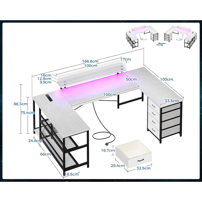 Кутовий стіл ODK з 4 шухлядами та місцем для зберігання, двосторонній кутовий стіл 167102 см з 2 розетками та 2 портами зарядки USB, ігровий стіл зі світлодіодним освітленням та підставкою для монітора для домашнього офісу, білий