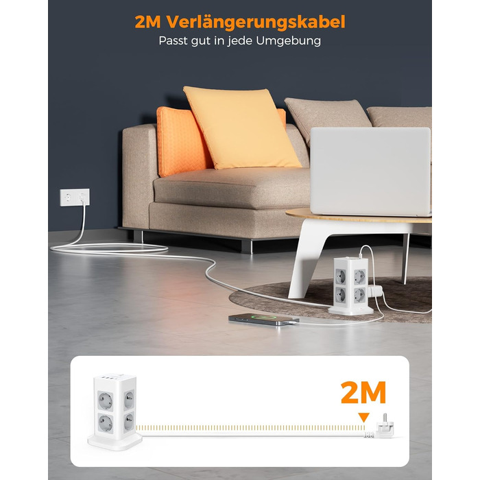 Місна розетка з USB C, захист від перенапруги з 3 USB і 1 USB C, розетка з вимикачем, подовжувач 2M для дому, 3600 Вт 2 метри, 8-