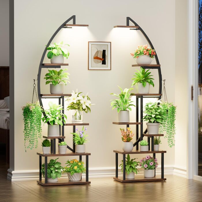 Підставка для рослин з лампою для вирощування - 7-ярусна підставка для квітів 165 см, металева дерев&39яна полиця для рослин - Квіткові драбини для приміщень та вулиці - Декоративна чорна квіткова полиця для внутрішнього саду, балкону, 2 шт.
