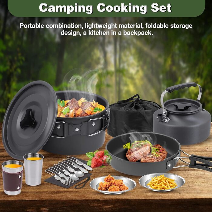 Набір посуду для кемпінгу та пікніка, 14 предметів каструлі, сковорода, чайник та столові прибори