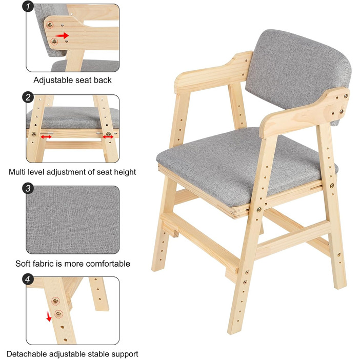 Обідній стілець OHMG зі спинкою та підлокітниками, сучасний кухонний стілець, крісло, дерев&39яний дитячий стільчик, крісло-реклайнер, стілець для вітальні, регульована спинка, базовий дитячий стільчик (1, сірий) 1 сірий