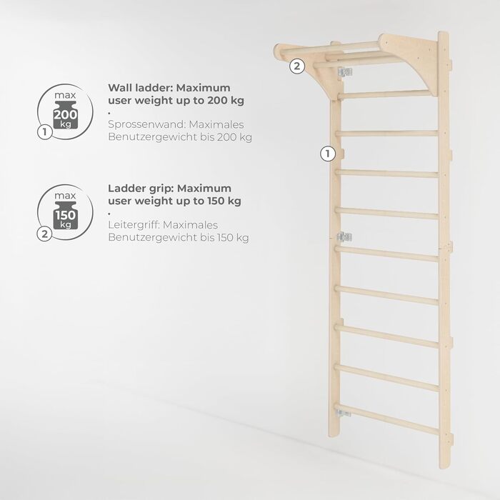 Скелелазний майданчик з турніком для дорослих (230 см), дерев&39яний скелелазний майданчик, багатофункціональне фітнес-обладнання, драбина для лазіння для дорослих та дітей, 100 екологічно чистий, виготовлено в ЄС з кільцями для гімнастики