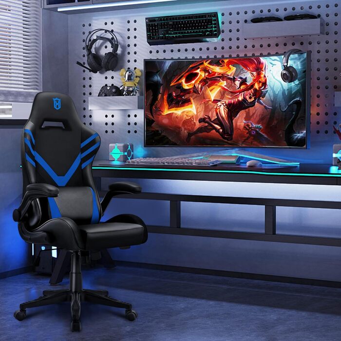 Ергономічне ігрове крісло з масажною поперековою подушкою, офісне крісло для ПК в гоночному стилі зі штучної шкіри, ігрове крісло з підлокітниками, вантажопідйомність до 159 кг, синій колір