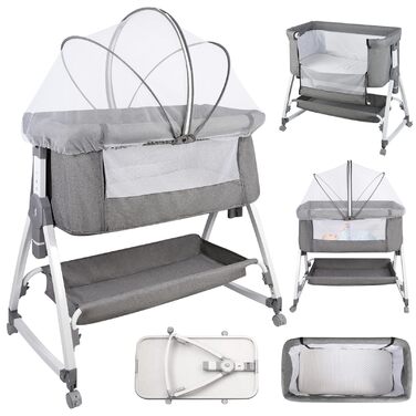 Дитяче ліжечко Side-by-Side, дитяче ліжечко 2-в-1 від народження до 25 кг, додаткове ліжко з 6 регулюваннями висоти, з матрацом/відкидною бічною панеллю/колесами, ліжечко з сітчастої тканини - 80 x 40 x 100-115 см - льон 80 x 40 x 100-115 см - льон