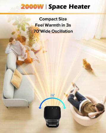 Енергозберігаючий вентилятор-обігрівач, керамічний вентилятор-обігрівач PTC потужністю 2000 Вт, кімнатний обігрівач з термостатом, дистанційним керуванням, коливаннями 70, таймером 12 годин, захистом від перегріву та перекидання, електричний обігрівач для