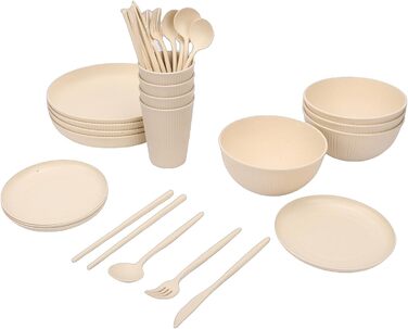 Набір посуду на 4 особи, небємий тарілки, миски та чашки. Зручна коробка для зберігання, можна мити в посудомийній машині та використовувати в мікрохвильовій печі. Ідеально підходить для дому, кемпінгу, пікніків.