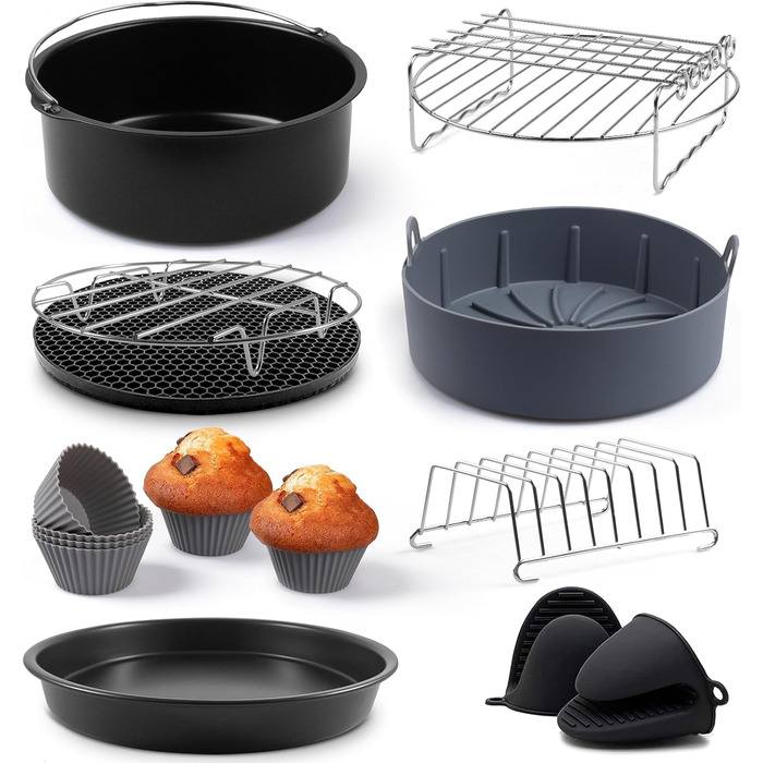 Аксесуари Фритюрниця XL і XXL 20см Аксесуари для мультипечі Philips XL і XXL, COSORI 5.5L, Cecotec, Tefal З силіконовою формою Air Fryer Набір з 10 предметів
