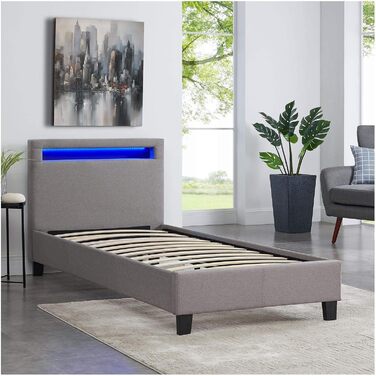 М'яке ліжко Гімалаї зі світлодіодним підсвічуванням односпальне молодіжне ліжко 90x200 см з рейковим каркасом, в сірому тканинному