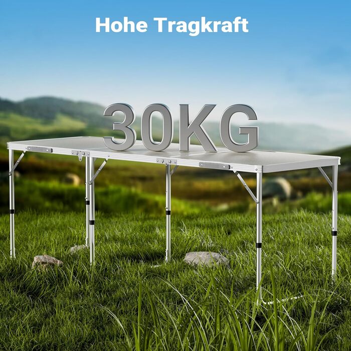 Складаний кемпінговий стіл 180x60x70см, регульована висота 54/61/70см, розкладний стіл з алюмінієвим каркасом та стільницею з МДФ, портативний багатофункціональний стіл, фуршетний стіл, кемпінговий стіл, садовий стіл, складаний