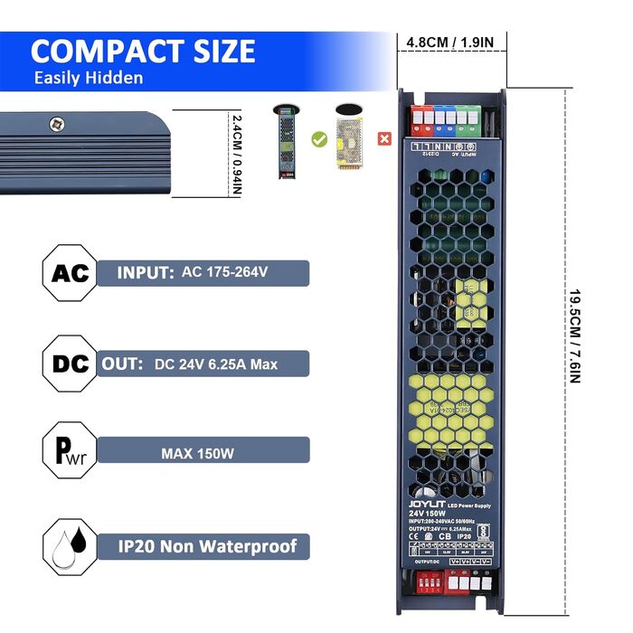 Світлодіодний трансформатор JOYLIT 24 В 150 Вт, плоский трансформатор 175-264 В змінного струму до 24 В 6,25 А, світлодіодний блок живлення 24 В постійного струму низьковольтний трансформатор з регулюванням яскравості, імпульсний блок живлення трансформат