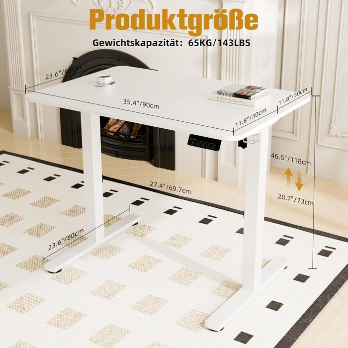 Стіл з регульованою висотою 90x60 см, Електричне регулювання висоти столу з роздільною панеллю, Ергономічний стіл з регульованою висотою, Білий 90 x 60 см