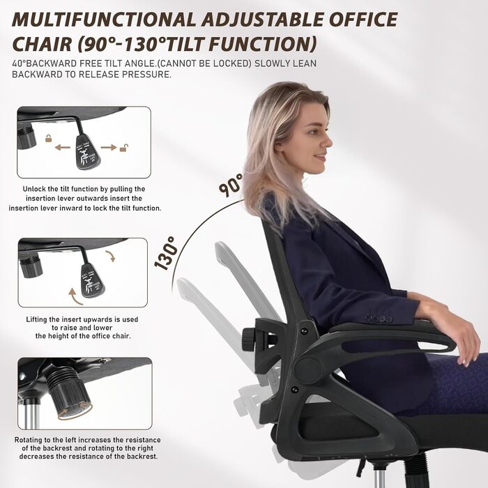 Ергономічне офісне крісло, стілець для роботи з відкидними підлокітниками, регульоване по висоті офісне крісло з регульованою поперековою опорою та безшумними колесами, крісло для керівника, вантажопідйомність 120 кг