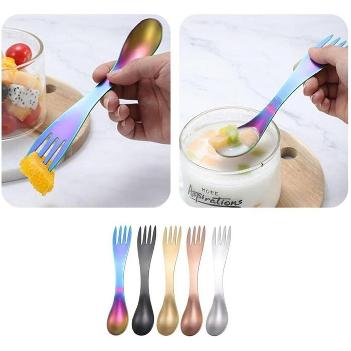 Набір із 5 виделок та ложок 2-в-1, портативний кухонний посуд із нержавіючої сталі для кемпінгу, подорожей, пікніків, офісу та використання на свіжому повітрі