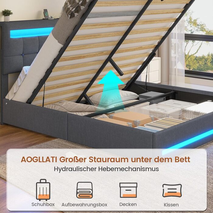 М&39яке ліжко 160x200 см із зарядною станцією та світлодіодним освітленням, каркас двоспального ліжка з місцем для зберігання, узголів&39ям та рейковою основою, плаваючий візуальний ефект, сучасний лляний каркас ліжка, матрац не входить до комплекту, темн