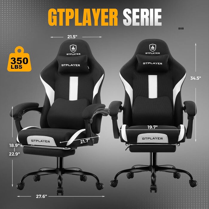 Ігрове крісло GTPLAYER, ігрове крісло, дихаюче офісне крісло з високоякісної тканини, ергономічне крісло для ПК, регульоване та поворотне робоче крісло 150 кг, чорно-біле
