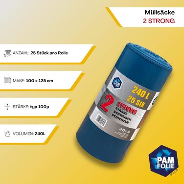 Надзвичайно міцні сміттєві мішки об&39ємом 240 л - 25 шт. - Великі, товсті сміттєві мішки - 100x125 см - Двошарові - Чорно-сині сміттєві мішки - Мішки для будівельних відходів - Універсальні будівельні мішки для відходів