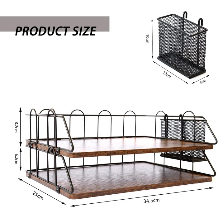 Лоток для листів, штабельований настільний органайзер, настільний лоток на 2 відділення, лоток для документів, дерев'яний лоток для паперу з тримачем для ручки для паперу формату A4, документ, для домашнього офісу, школи, школи