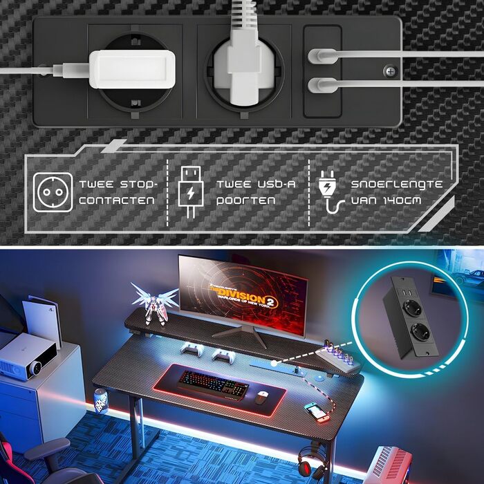 Ігровий стіл Five Stars - Комп&39ютерний стіл - 100x50x75 см - Ігровий стіл зі світлодіодним підсвічуванням - Чорний карбон