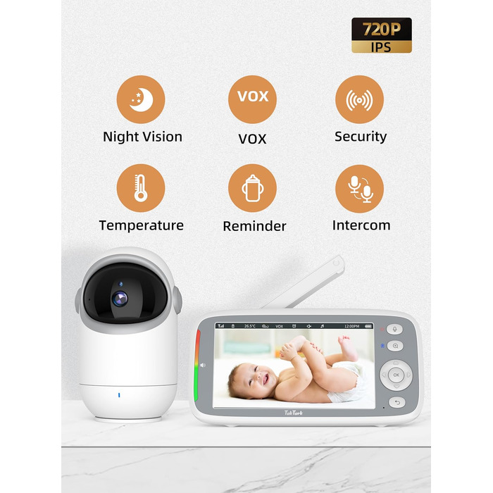 Монітор-няня з камерою, 5&39&39 720P IPS Монітор-няня з камерою Відео-няня з камерою з поворотною камерою Pan-Tilt 300 Монітор-нян