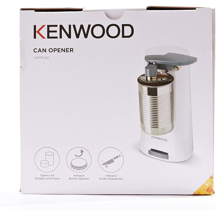 Електричний консервний ніж Kenwood CAP070. A0WH, багатофункціональний кухонний гаджет 3-в-1 із вбудованою точилкою для ножів, відкривачкою для консервів і відкривачкою для пляшок, з намотувачем кабелю, 70 Вт, білий